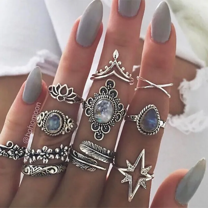 

Welwish New 11 Pcs Women Antique Vintage Ring Jewelry Bohemia Crystal Gemstone Ring Set