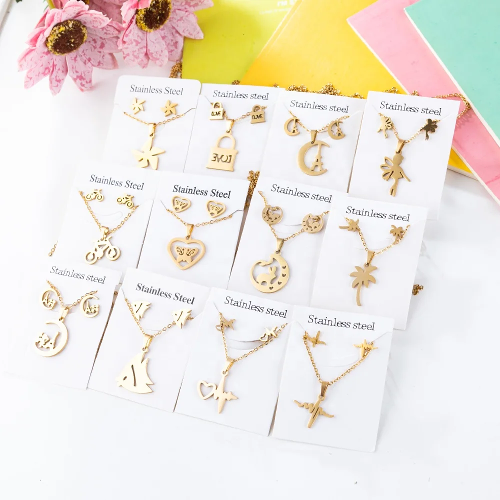 

New Gold Plated Butterfly Heart Necklace Earrings for Women Girl Various Styles Stainless Steel ecg windmill Jewelry Set Gift, Picture