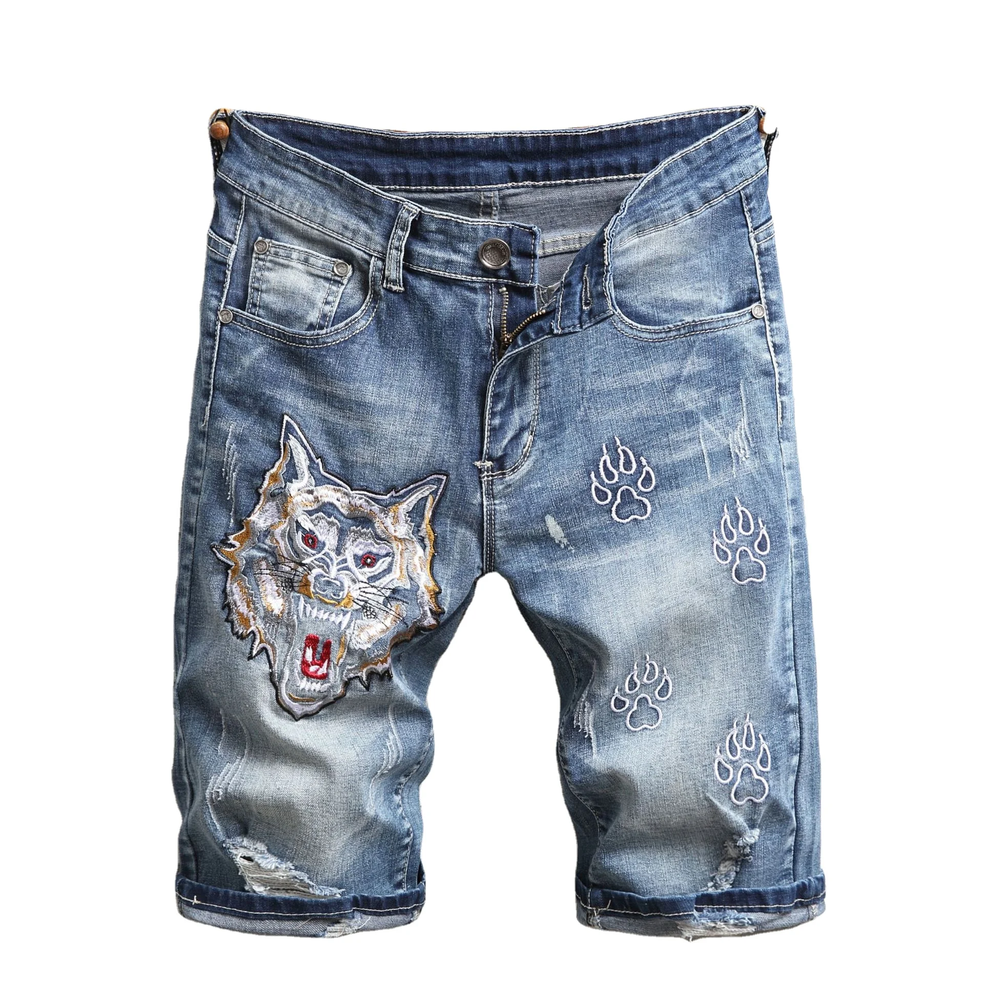 

2021 New Summer European American Men Ripped Jeans Shorts Embroidery Trim Personality Men Jeans Five Minute Pants Trend, Light blue