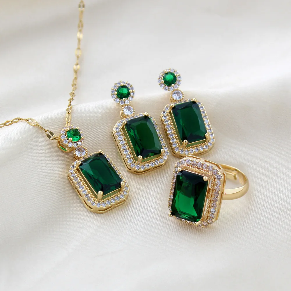 

3Pcs/Set Iced Out Cubic Zirconia CZ Green Gemstone Ring Necklace Stainless Steel Gold Plated Emerald Necklace Jewelry Set