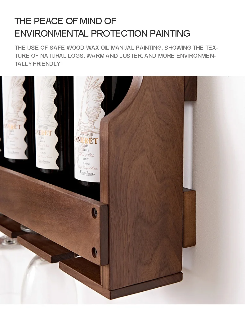 
Walnut Color 6 Bottles Wall-Mounted Wine Rack Bottle and Glass Storage Holder Wooden Wine Bottle Wall Shelves with 5 Hold 