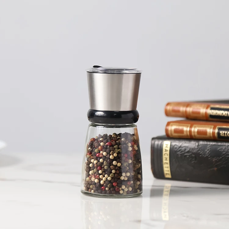 

Salt pepper grinder mill salt pepper 18/8 stainless adjustable refillable with ceramic core burr glass bottle, Customized color
