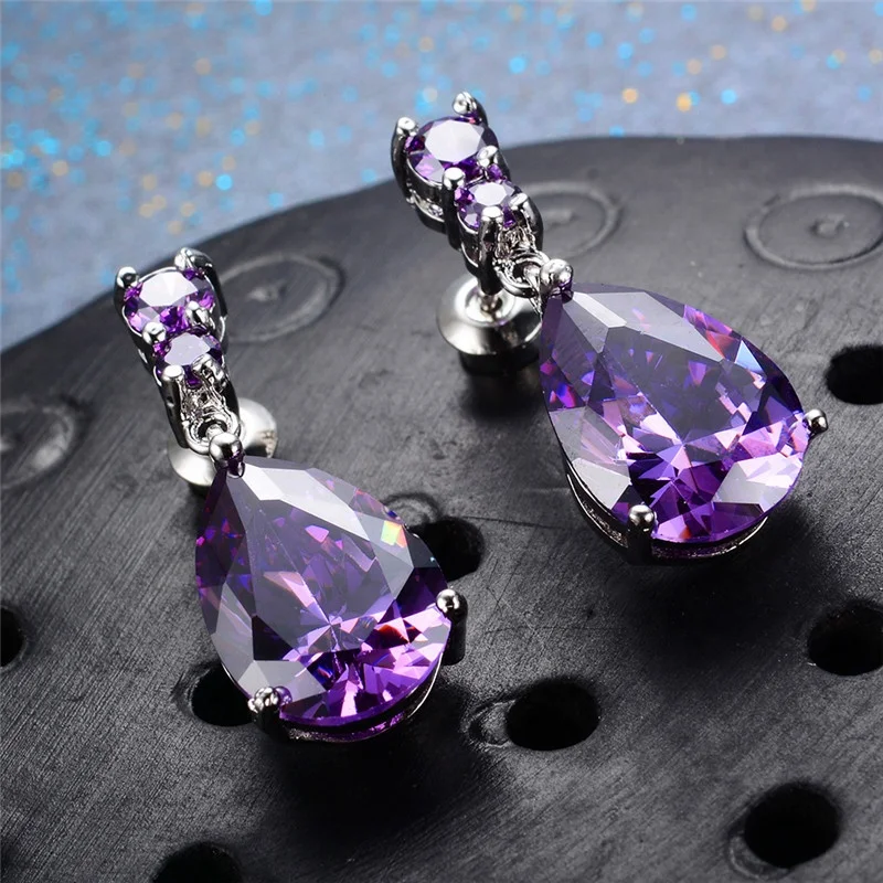 

Luxury Female Purple Water Drop Earrings Fashion Silver Color Zircon Stone Earrings Long Dangle Earrings For Women