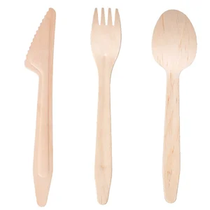Disposable Compostable Wooden Cutlery Set, 100% biodegradable cutlery,  Disposable Spoon Fork Knife sets