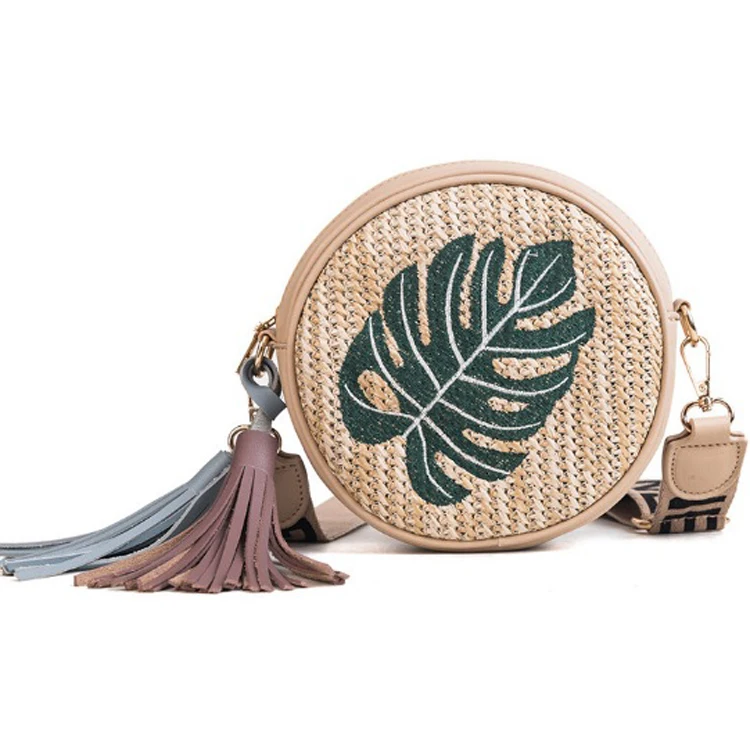 

handmade bohemian handbags ladies tassel round summer straw weave bags beach bag, Leaf,pineapple