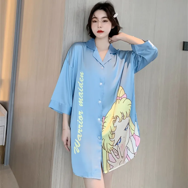 

Shirt pyjamas manufacturers Night dress home wear women's comfortable silk sleepwear cartoon pajamas wholesale girl, Sky blue