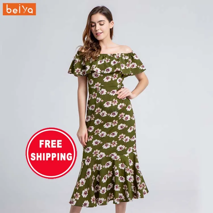 

Free Shipping One shoulder ruffled floral green dress for girls ladies women