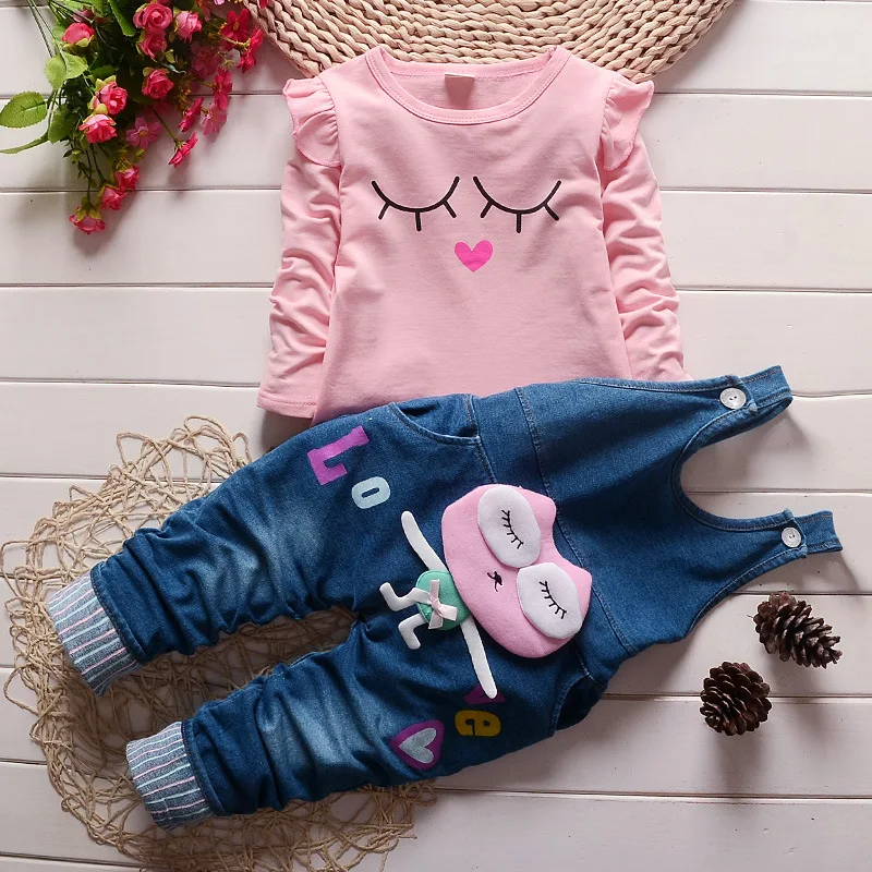 

baby girl clothes Cute round neck long sleeve sweater denim strap pants 2-piece 2020 spring Kids high Quality Girls Clothing set