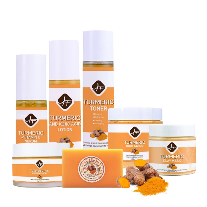 

Private Label Wholesale Turmeric Skin Care Set Cleanser Serum Scrub Soap Mask Cream Turmeric Face Care Set