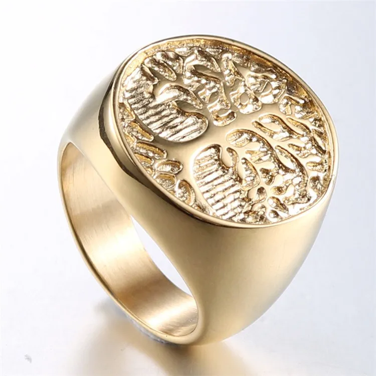 

Qings European and American fashion golden tree of life titanium steel ring personality male punk style ring, Gold