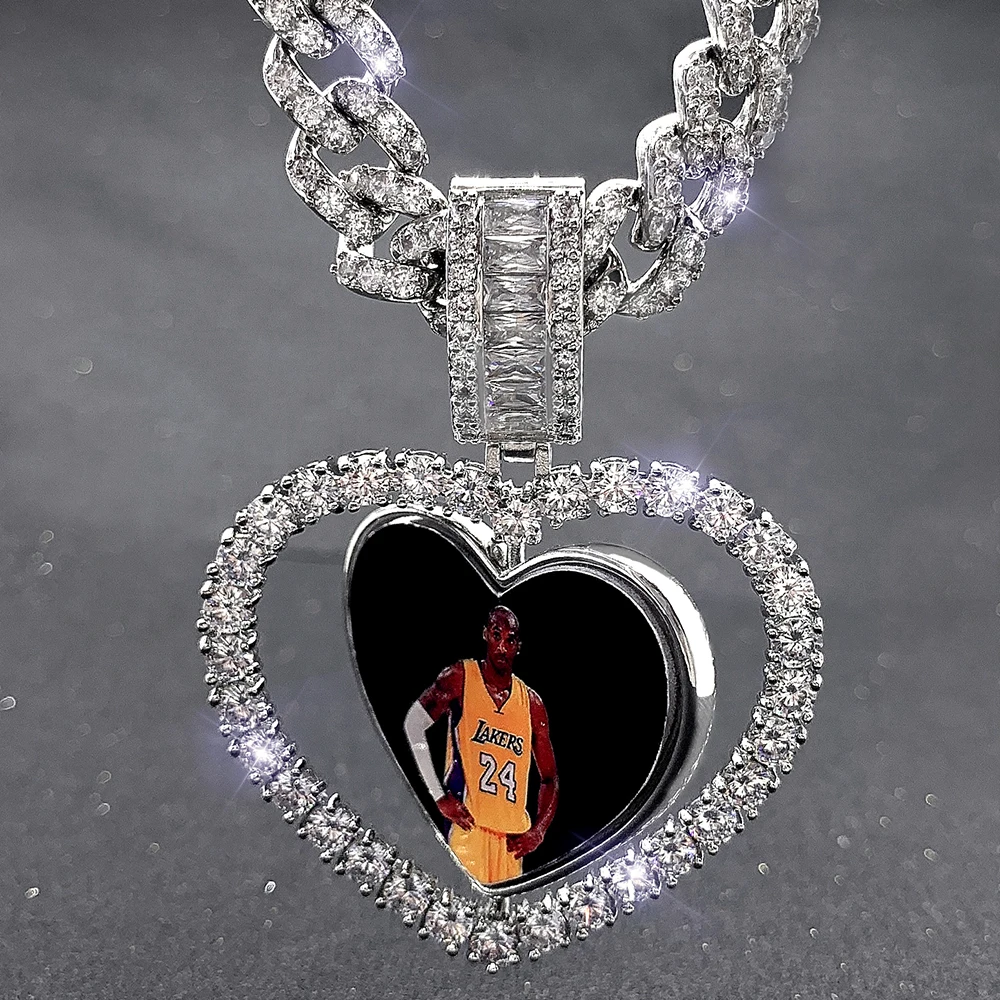 

FOXI Silver Color Cubic Zircon Custom Made Photo Medallions Necklace picture heart pendant necklace