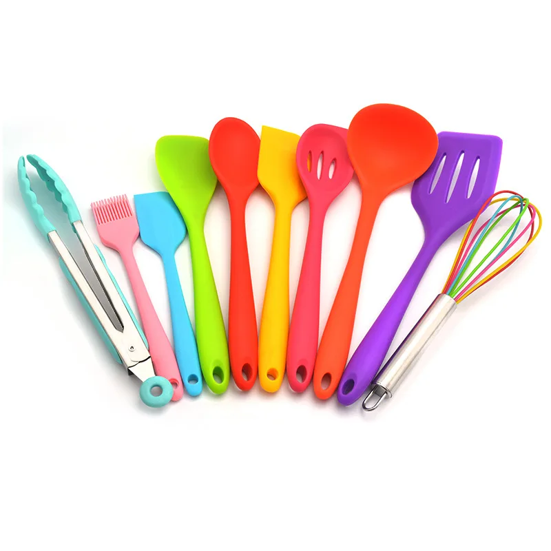 

Cooking Tool Spatula Ladle Beaters Shovel Spoon Soup Kitchen Utensils Set 10PCS Silicone Kitchenware Non-stick Cookware, As photo