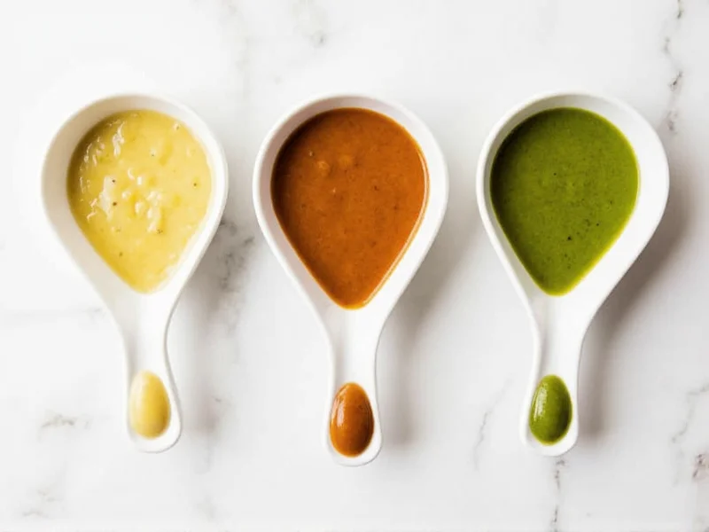 Three small bowls showing creamy, Italian, and vegan dressing variations
