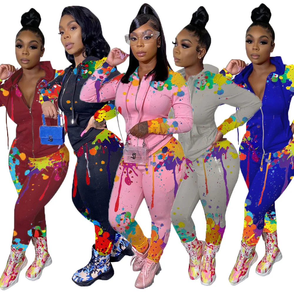 

XM2022 new1006 Fall Fashion Women's Hoodies Sweatsuit Pullover Hoodies Graffiti Colors Clothing Wears For two piece set women clothing