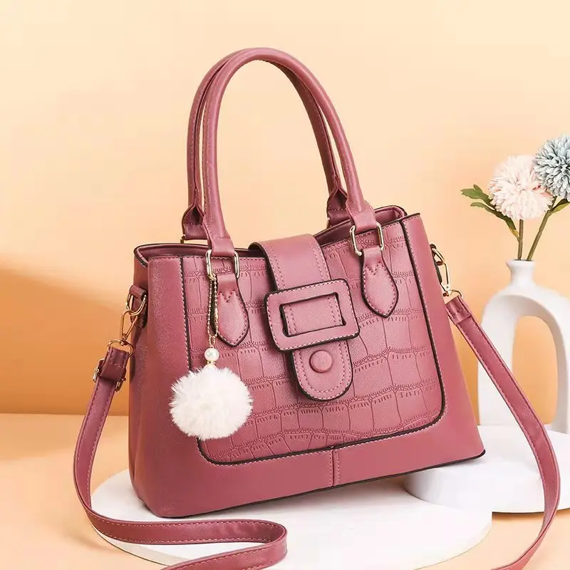 

DL188 24 New design bucket bags solid color handbag with pompons pendant ladies handbags wholesale handbags, Black....