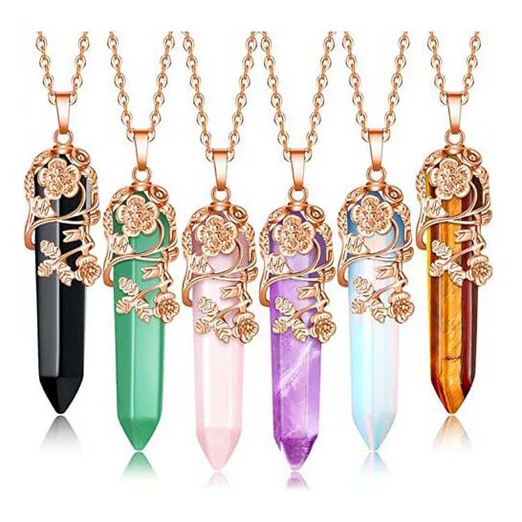 

ML Natural Flower Wrapped Crystal Point Pendant Necklace Reiki Healing Crystal Stone Necklace Stone Quartz Jewelry for Women, Multicolor