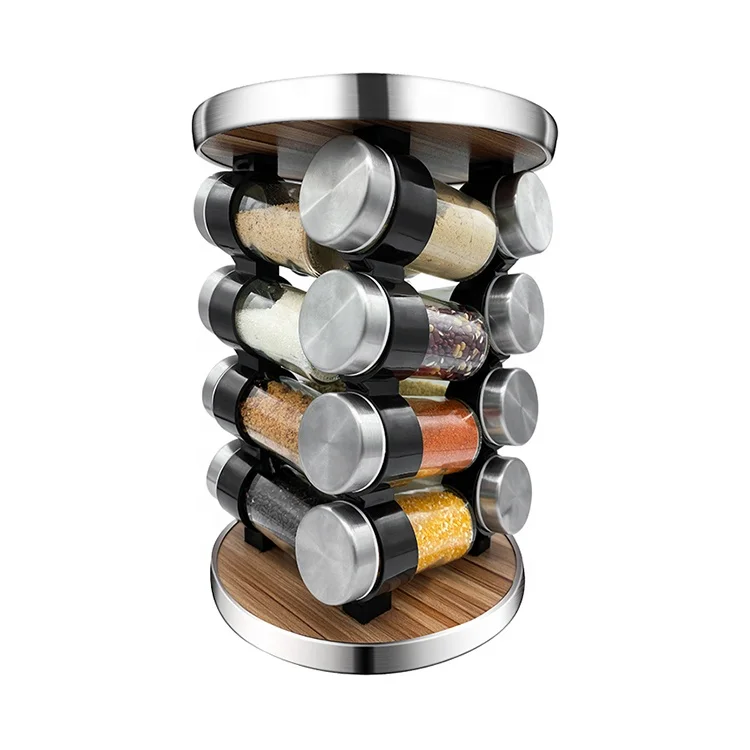 

16 seasoning bottles stainless steel with solid wood rotating rack kitchen supplies, Silver