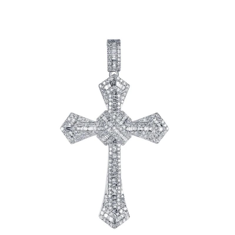 

Wholesale hight quality fine jewelry 14k 18k real gold baguettes natural diamonds cross pendant for women men, White gold