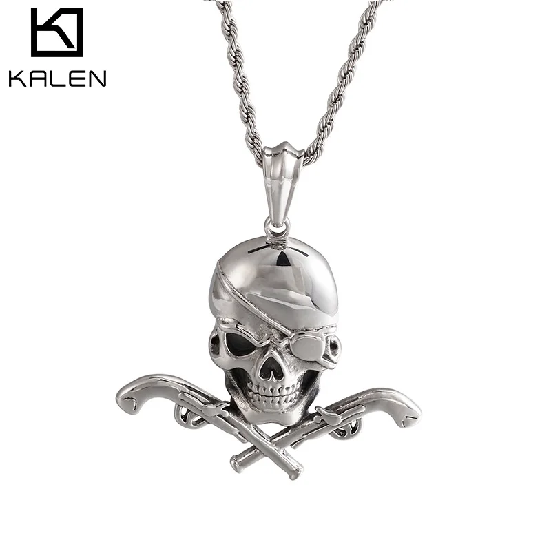 KALEN Punk Stainless Steel Pirate Skull With Gun Pendant For Men
