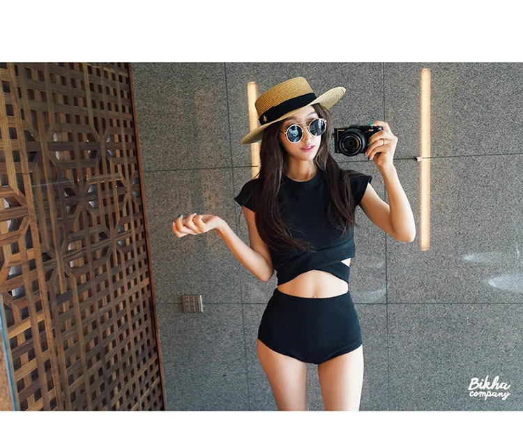 

YZ-0406 High Waist Pants With Short Sleeves Fission Korean Hot Spring Small Wind Fresh Bathing Suit High Waist Two Piec Swimsuit