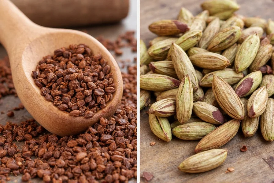 Close-up of raw cacao beans and green cardamom pods arranged artfully on wooden surface