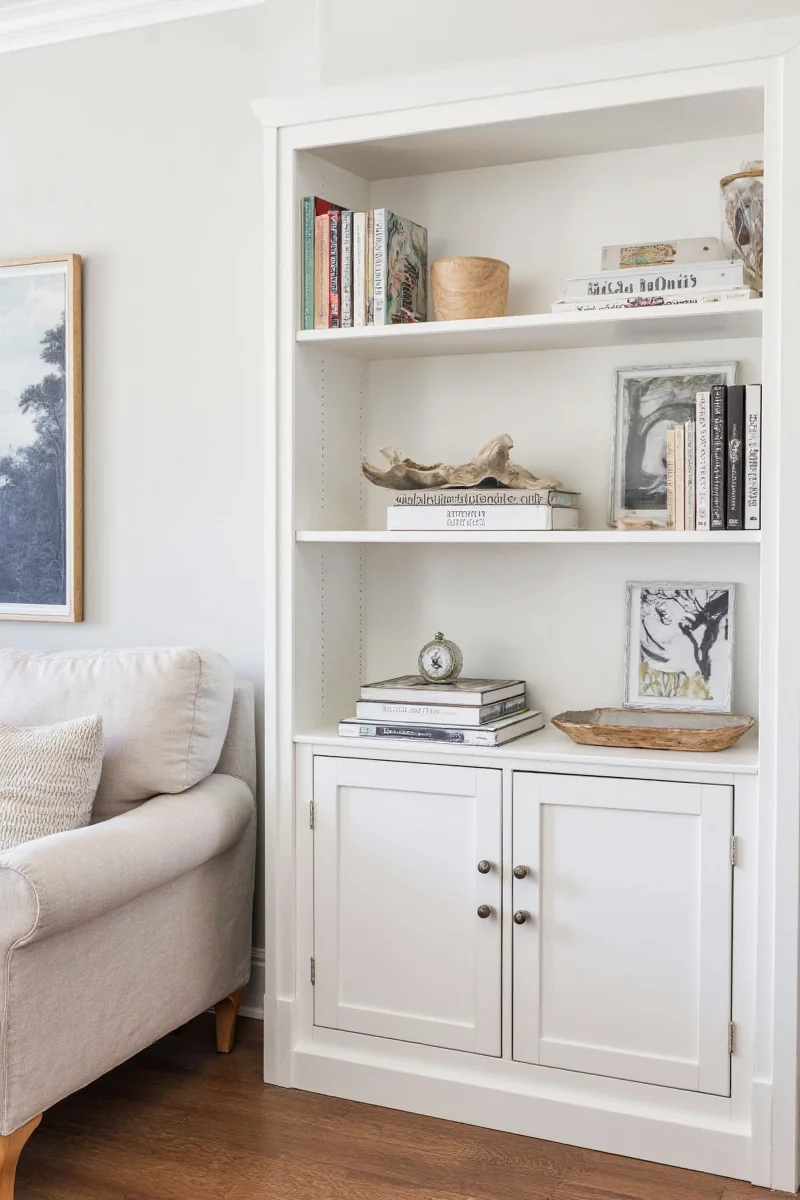 Stylish antique white bookcase with family photos, books, and toys