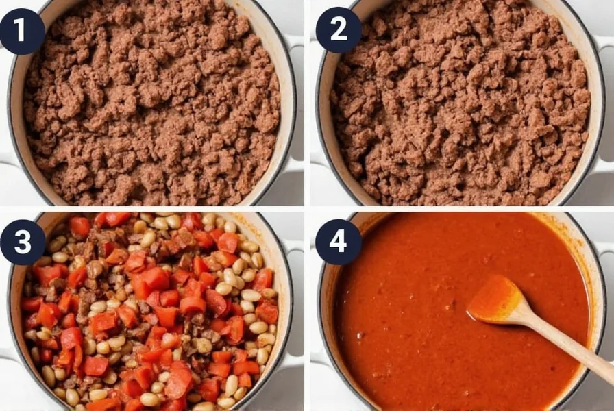 Simple chili recipe cooking process showing ground beef browning in a pot with diced tomatoes and beans added