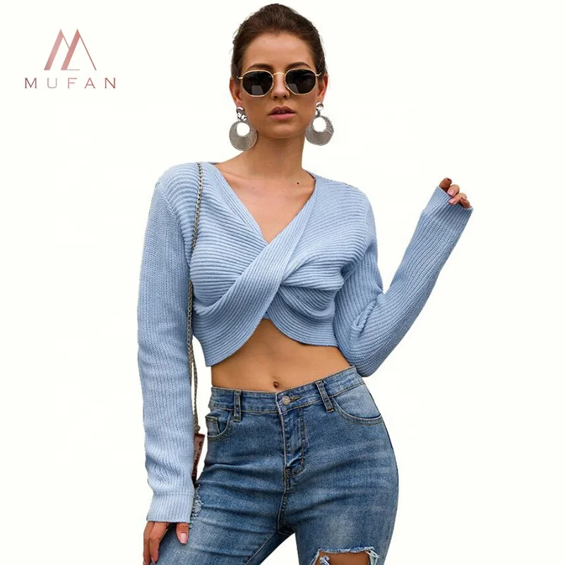 

2019 Autumn Winter New Casual Ladies Knitted V Neck Short Sweater Pullovers, As picture color