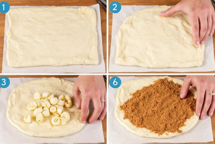 Step-by-step preparation of healthy cinnamon roll dough showing proper rolling technique and cinnamon filling distribution