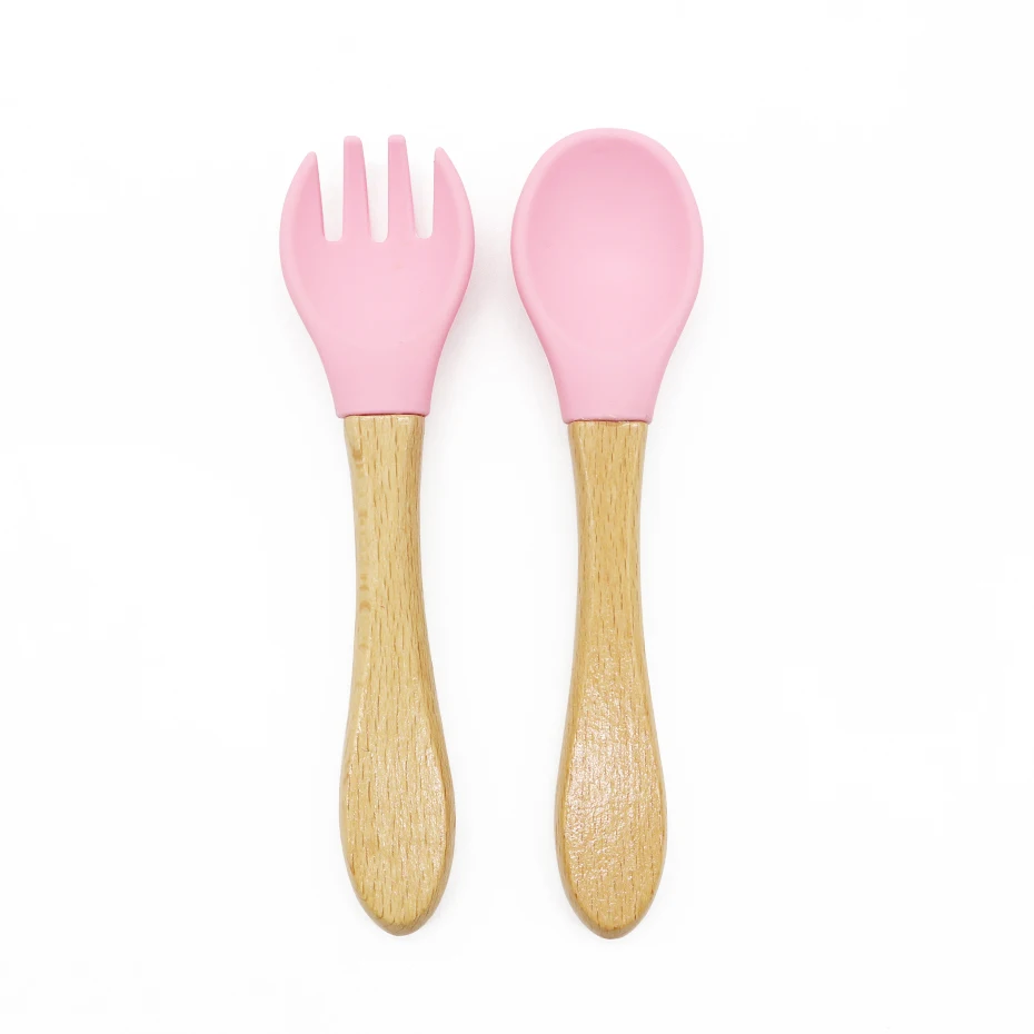 

Melikey Silicone baby spoon BPA free beech wooden handle infant toddler feeding fork silicone spoon, 8 colors, custom colors available