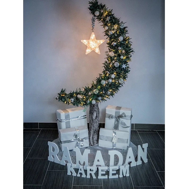 

6FT or 1.8M tall Blessed Crescent artificial plants Moon money berry Trees decorative indoor Home Eid Mubarak Led Lighted leaf