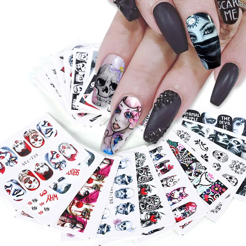 

24Sheet/Set Halloween Nail Art Sticker Sexy Skull Bone Water Transfer Decals Nails, Picture