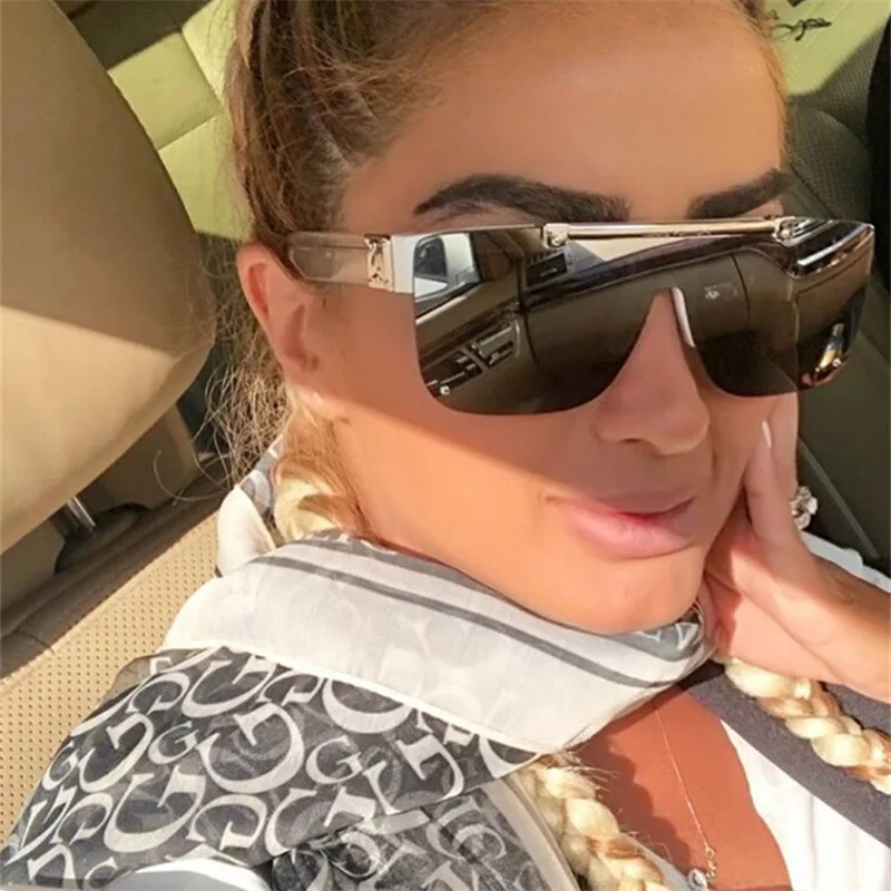 

2021 New Arrival One Piece Rimless UV400 Big Women Shades, Luxury Vintage Flip Up Oversized Millionaire Sunglasses, Custom colors