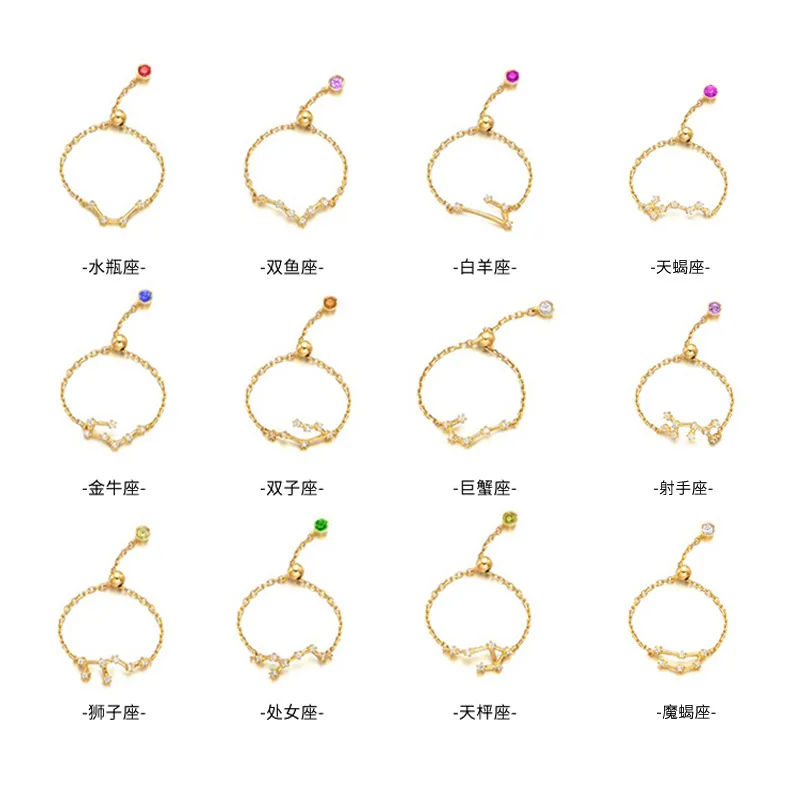 

Creative Design 18K Gold Plating CZ Chain Rings Adjustable 925 Sterling Silver 12 Zodiac Chain Rings