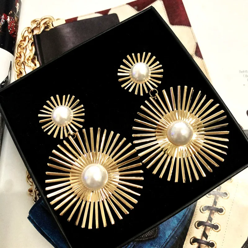 

2021 summer exaggeration statement long gold jewelry fashion making parts pearl round earrings women, As pic
