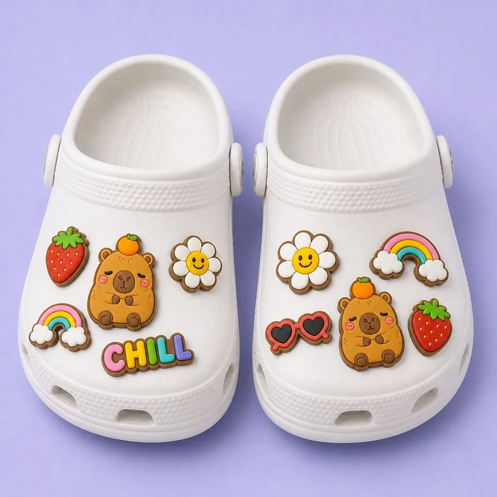 Matched pair of white clogs styled with animal, floral and slogan charms