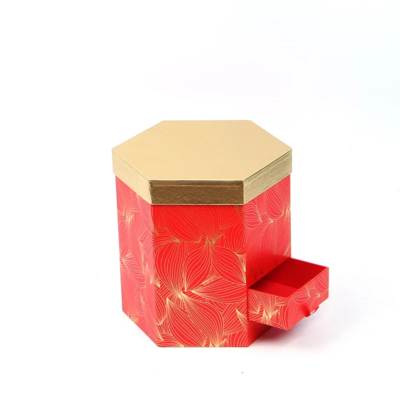 高端古铜色六边形礼品盒,烫金礼品盒,抽屉,鲜花,婚礼用手工制作的天地