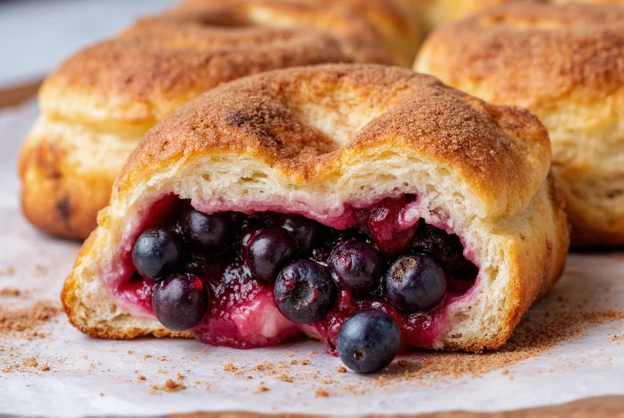 Close-up of properly layered blueberry cinnamon bun filling with cornstarch-coated berries on cinnamon sugar and jam