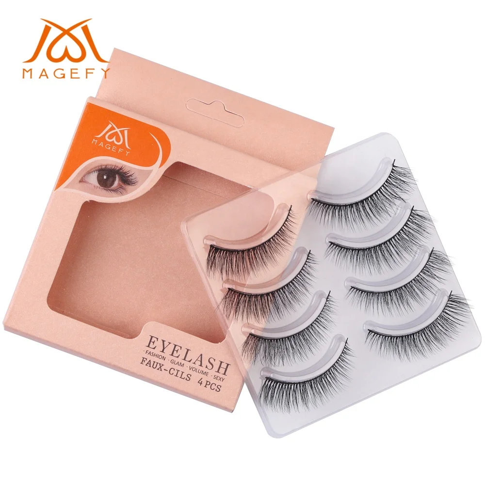 

New Lashes 4 Pairs 3D Mink Hair False Eyelashes Super Dense Extension Natural Long Eye Lashes Soft Cross Makeup Lashes, Natural black