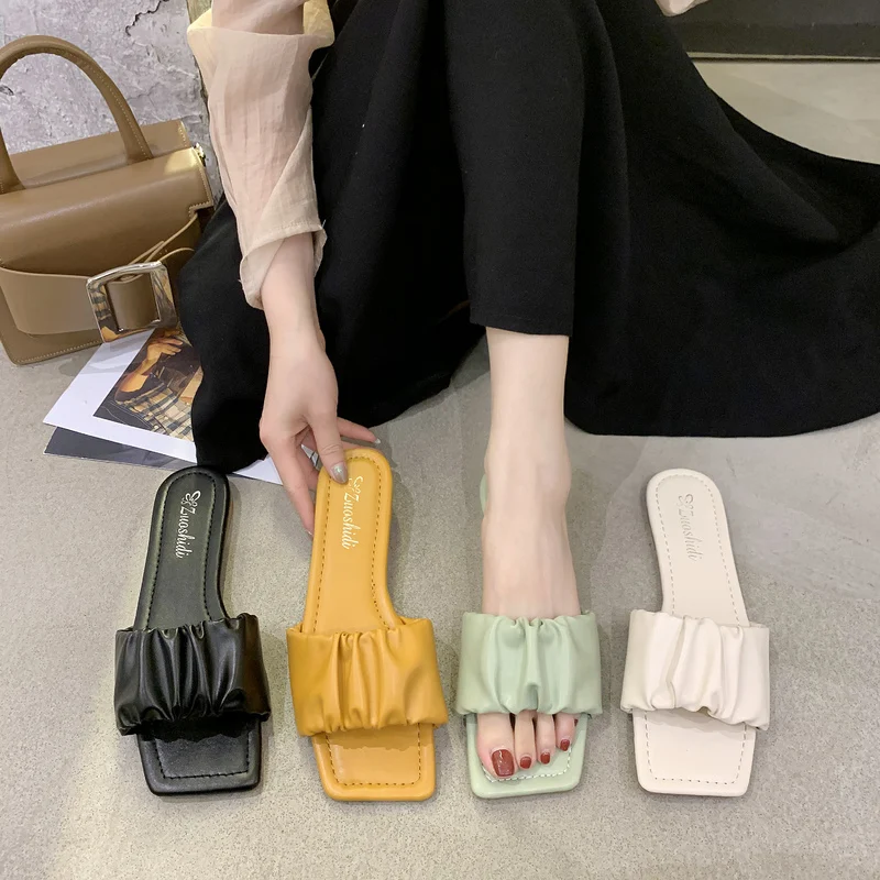 

4 color lady flat slippers women sandals A1, Green,yellow,beige,black