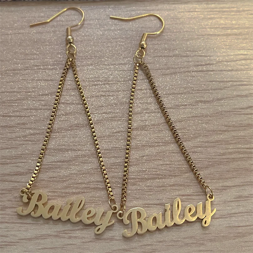 

Custom Name Stainless Steel Personalized Jewellery Vertical Young Girls Custom Logo Word Nameplate Drop Earrings, Gold, silver, rose gold