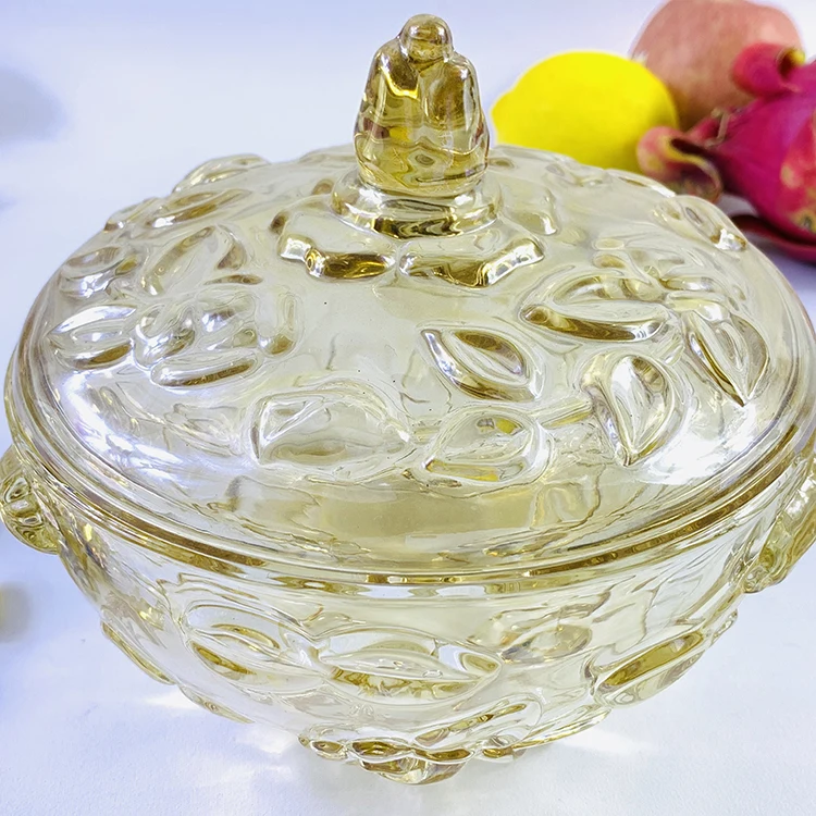 Glass Fancy Embossed Pattern Crystal Storage Pedestal Glass Dessert Candy Glass  Jar