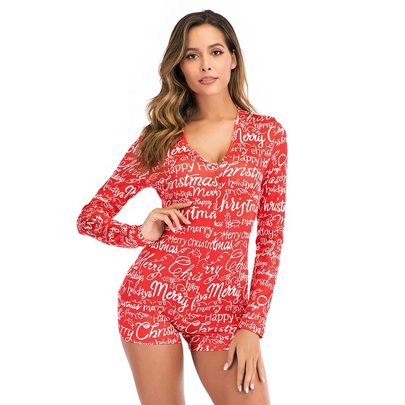 

Women Sexy Short Rompers Bodysuit Jumpsuits Long Sleeve Printed Deep V Neck One Piece Bodycon Stretch Button Pajama Romper, 5 colors