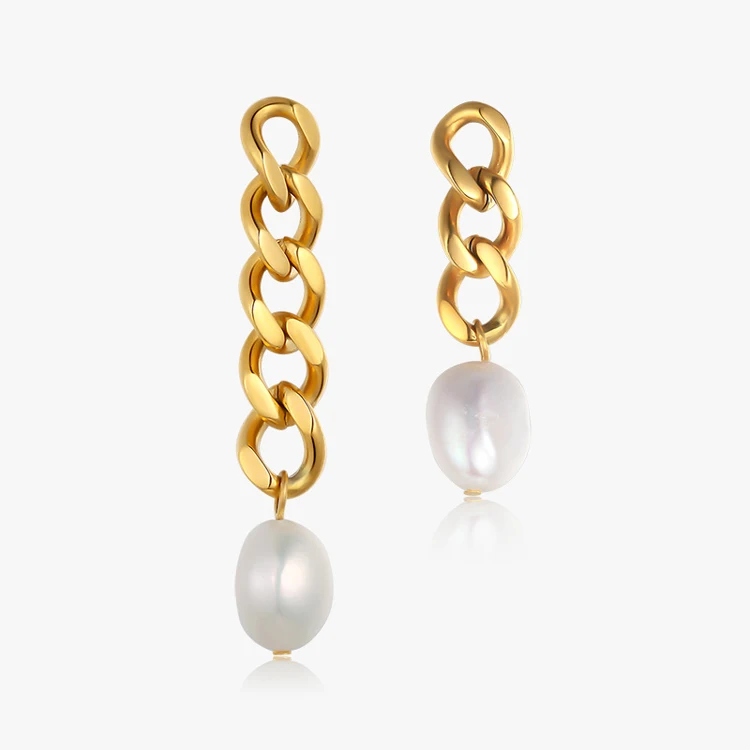 

High quliaty Stainless Steel 18K gold Chunky Cuban Chain Freshwater Cultured Pearl asymmetrical drop dangle earring for Girls, Optional as picture,or customized