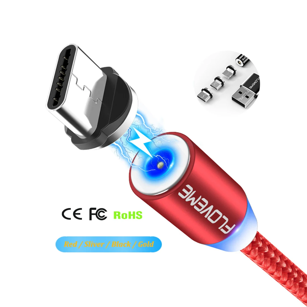 

Free Shipping 3 in 1 LED Magnetic Cable With CE For iPhone Micro USB Type C FLOVEME 1m 2A Fast Charge Magnet Phone Charger Cable, Black/silver/red/gold