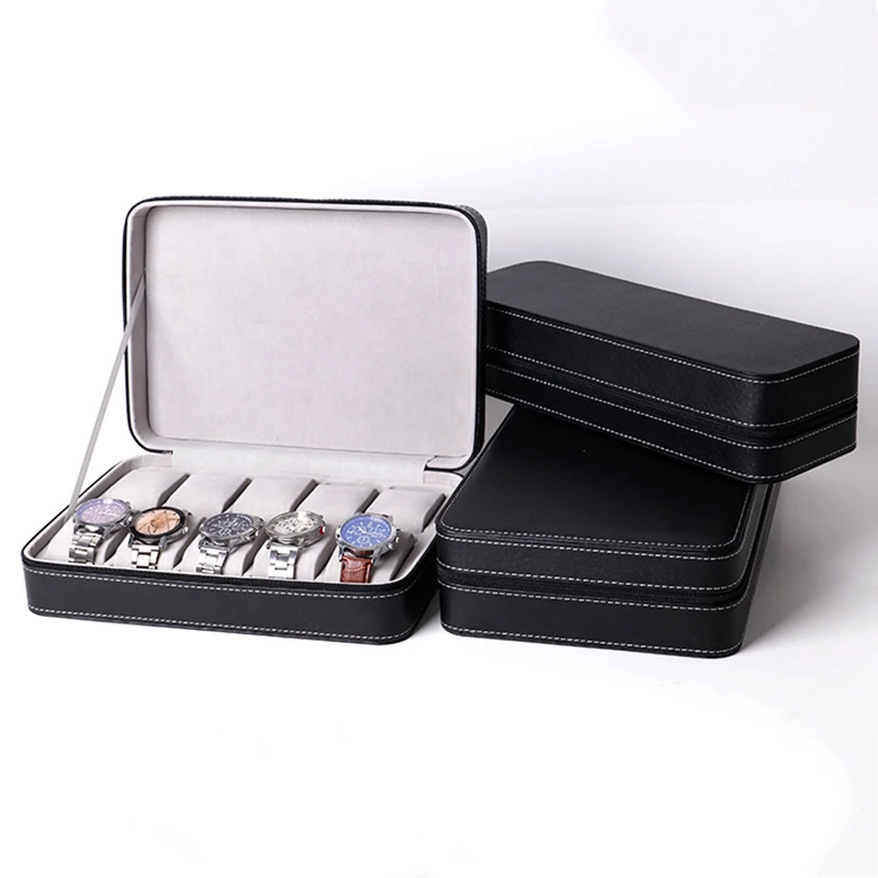 

6 10 12 Slot Watch Box Portable Travel Zipper Case Collector Storage Jewelry Storage Box(Black), Black,accept custom color