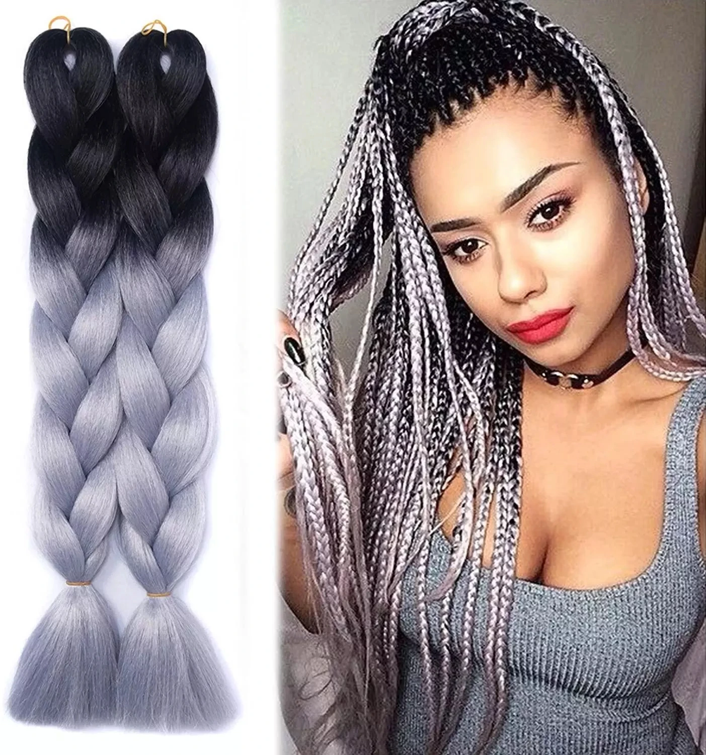 

24 Inch 2 Tone Color X Pression Ombre Jumbo Expression Soft Kinky Twists Crochet Braid Braiding Hair Extensions, Two color