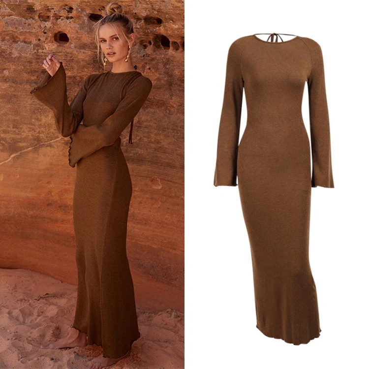

New Arrivals 2021 French Elegant Cutout Vestidos Mujer Brown Backless Knit Long Sleeve Maxi Fall Dresses