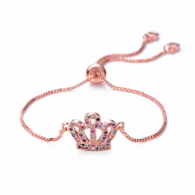 

Creative Design Rose Gold Plating Rhinestone Crystal Crown Bangle Colorful CZ Crown Link Chain Bracelets