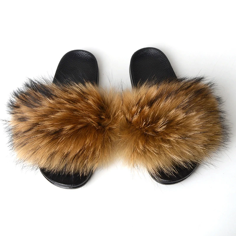 

Custom logo indoor eva sole racoon furry fur slides sandal colorful fluffy fox raccoon fur slipper for women